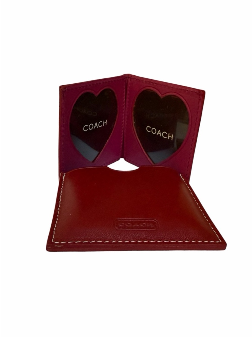 Coach Vintage Red Leather Double Heart Mini Photo Frame Holder Set Y2K